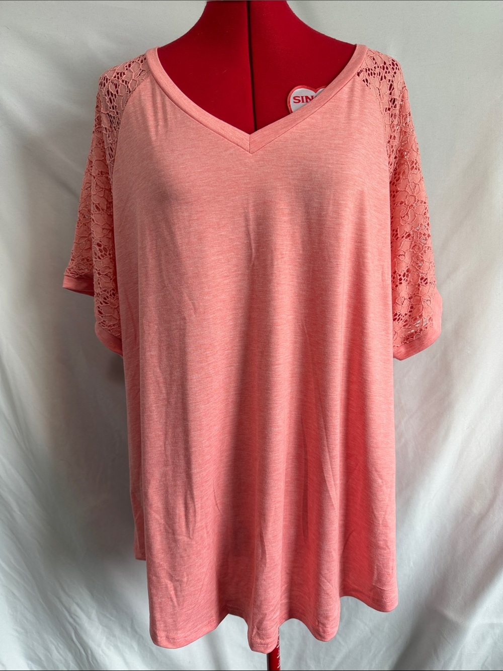 Lace-Sleeve V-Neck Tee in Coral Pink